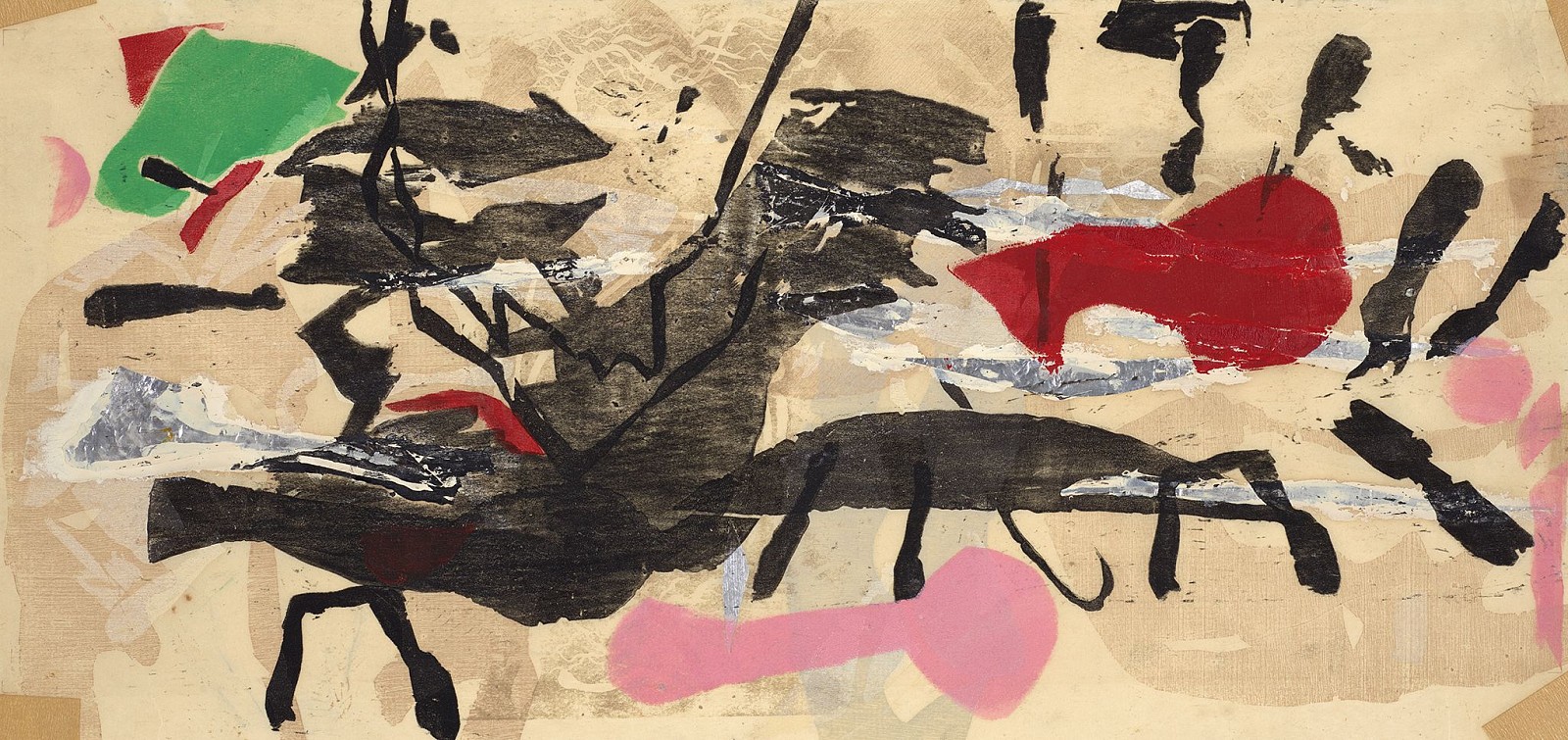 Perle Fine, Printed Collage #2 | SOLD, 1959
Woodcut on cream Japan paper with gouache and foil, 12 x 25 3/8 in. (30.5 x 64.5 cm)
FIN-00120