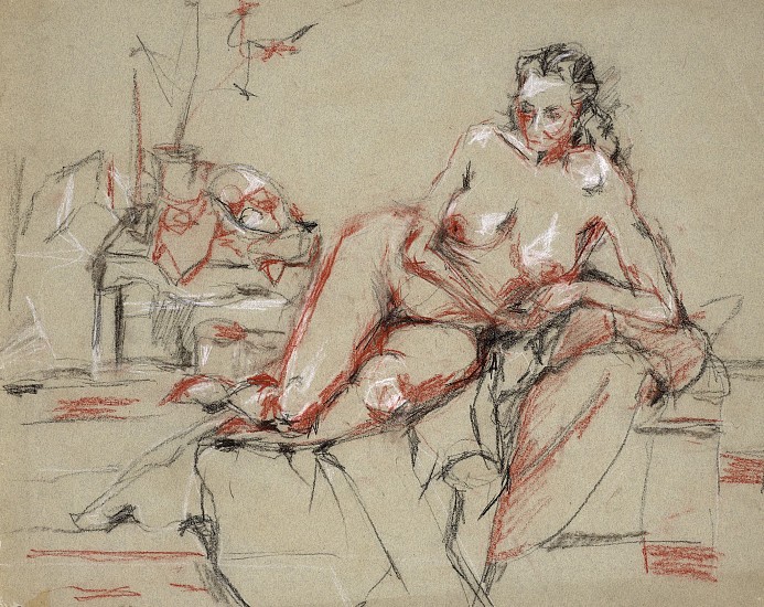 Pearl Angrist, Reclining Nude in an Interior, c 1950-1958
Trois crayons (classic 3-chalks--red, black, and white on grey paper, 20 x 25 5/8 in. (50.8 x 65.1 cm)
ANG-00020