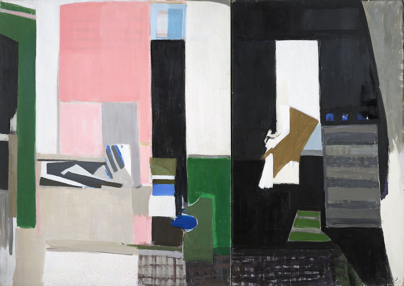 Janice Biala, Intérieur à grands plans noirs, blancs, rose (Interior with large black, white, pink planes), 1972
Oil on canvas, 63 5/8 x 89 1/4 in. (161.6 x 226.7 cm)
BIAL-00018
