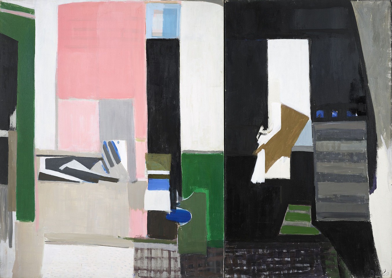 Janice Biala, Intérieur Á  grands plans noirs, blancs, rose (Interior with large black, white, pink planes), 1972
Oil on canvas, 63 5/8 x 89 1/4 in. (161.6 x 226.7 cm)
BIAL-00018