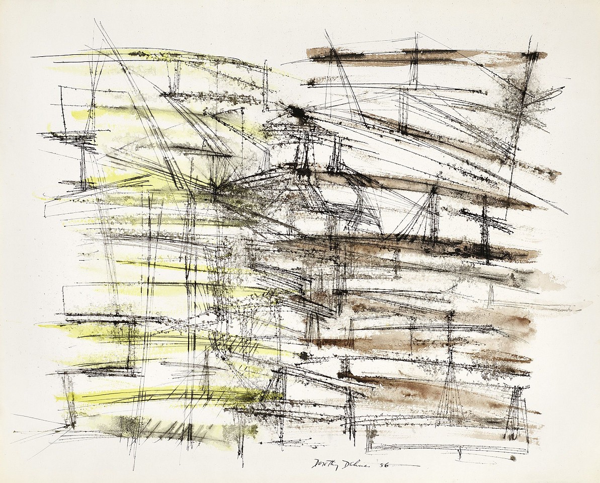 Dorothy Dehner, Over the River, 1956
Ink and watercolor on paper, 18 3/8 x 22 7/8 in. (46.7 x 58.1 cm)
DEH-00049