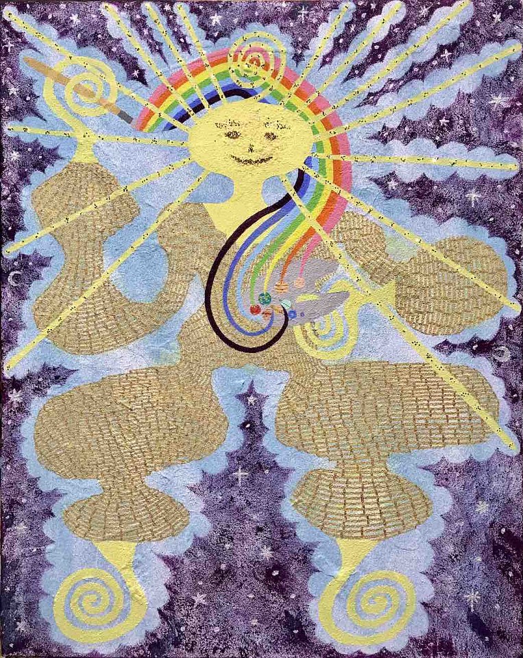 David Onri Anderson, The Sun Is My Favorite Painter, 2023
Acrylic and metallic paint, glitter, and sand on found canvas, 16 x 20 in.
DAO-00001